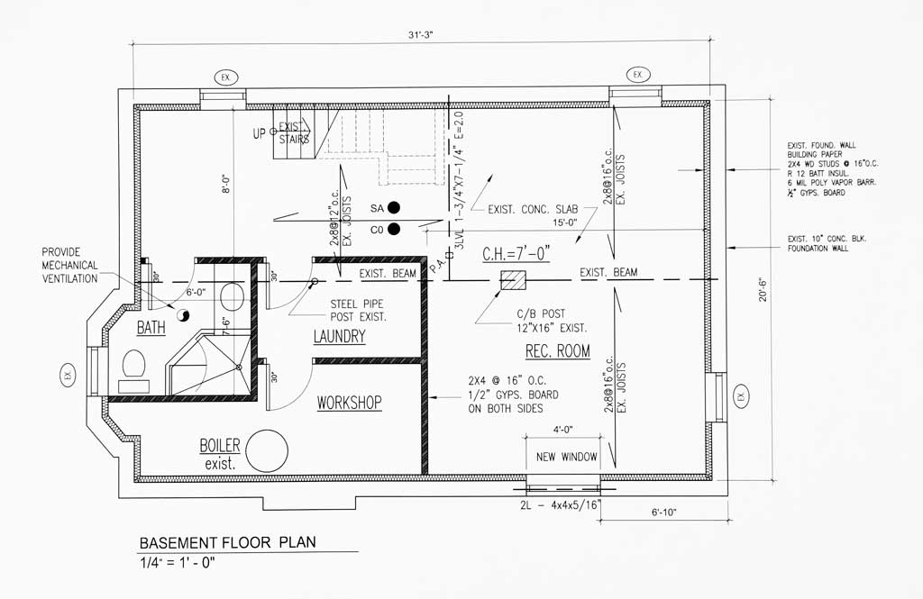 Blue print of a basement remodel floorplan